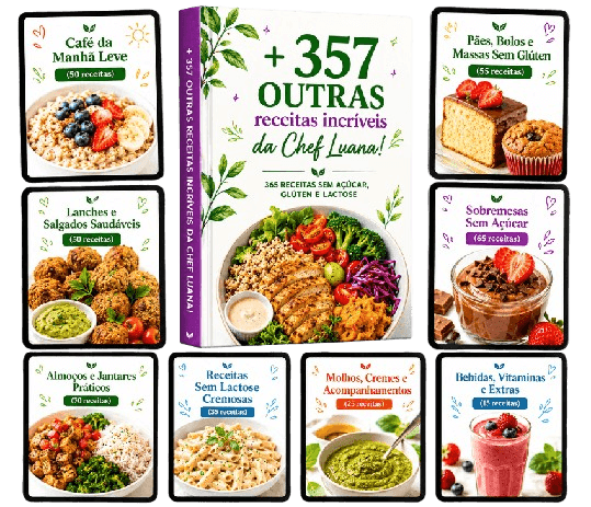 Mosaico com prévia das 357 receitas extras da Chef Luana